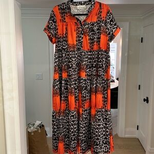 Kate Hewko Orange & Leopard Tiered Shortsleeve Midi Dress - L/XL (OS fits most)